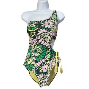 Aerie Women’s M One Piece Swimsuit Floral Green Black One Strap Flattering